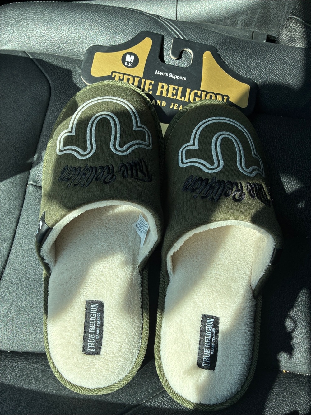 True Religion Olive Green Men's Slip-On Plush Slippers with Logo